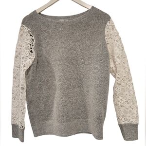 Halogen Sweater Lace Sleeves Womens Size Med Gray and White  Wool Alpaca Blend